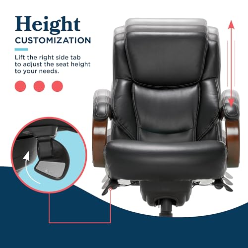 La-Z-Boy Delano Big & Tall Executive Office Chair, Ergonomic Mid-Back Body Pillow Lumbar Support, ComfortCore Memory Foam Cushion, Mahogany Wood Arms & Swivel Base, Bonded Leather, Chestnut Brown