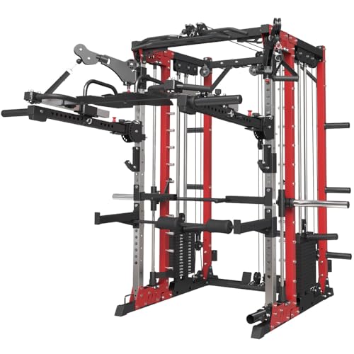 FAGUS Commercial Smithe Machine with 308lb Dual Weight Stacks, 4000LBS Power Cage Squat Rack with Lever Arm & Leg Press, Multi-Function Linear Bearing Cable Crossover Machine for Home Gym