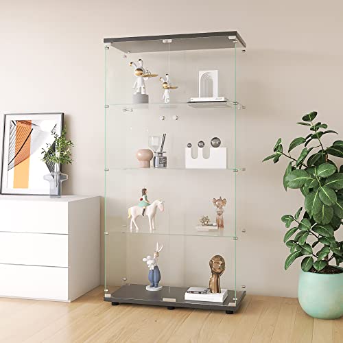 Henf Glass Display Cabinet with 4 Shelves,Modern Curio Cabinets with Glass Door & Lock,Floor Standing Storage Collection Display Case for Living Room Bedroom Office,16.7" W x 14.3" D x 64.7" H,White