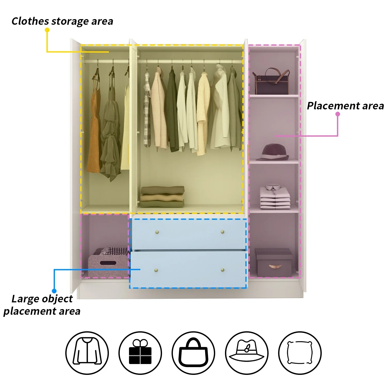 Timechee Wardrobe Armoire Wooden Closet with Mirror 4 Doors 2 Drawers White