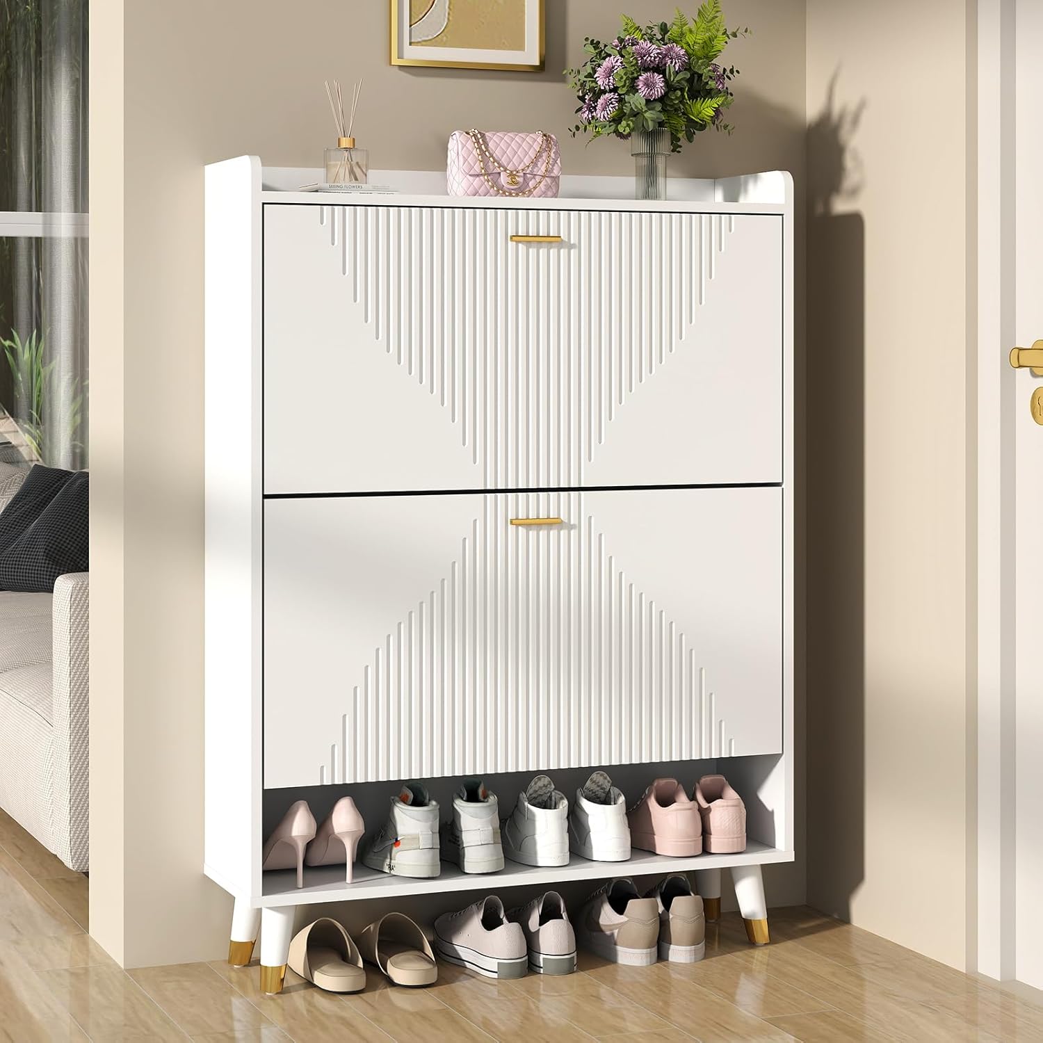 White Shoe Storage Cabinet for Entryway Slim, Hidden Wooden Shoe Organizer Cabinet with Drawer, Narrow Shoe Rack Cabinet for Front Door Entrance