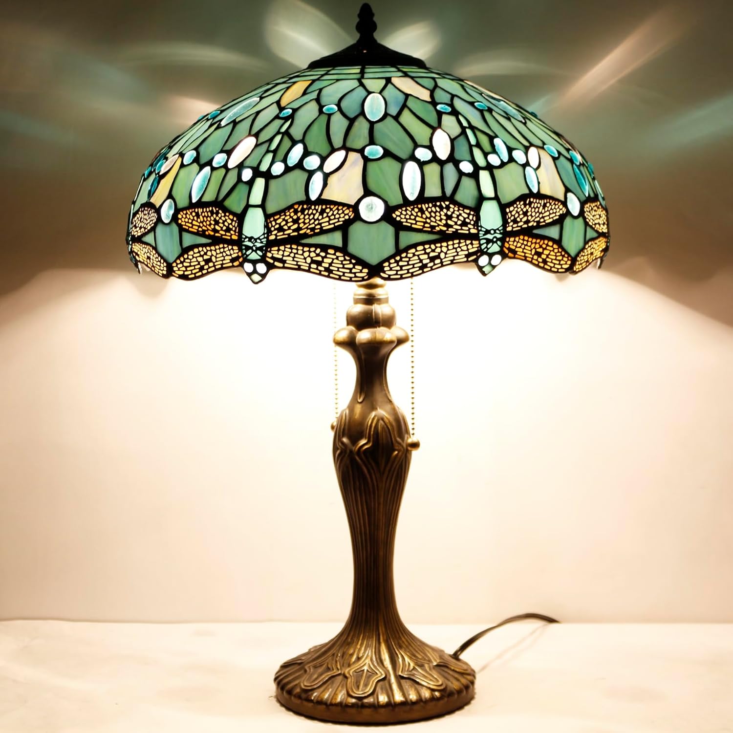 WERFACTORY Tiffany Lamp Sea Blue Stained Glass Bedside Table Lamp Dragonfly Style Desk Reading Light Metal Base 16X16X24 Inches Decor Bedroom Living Room Home Office S147 Series