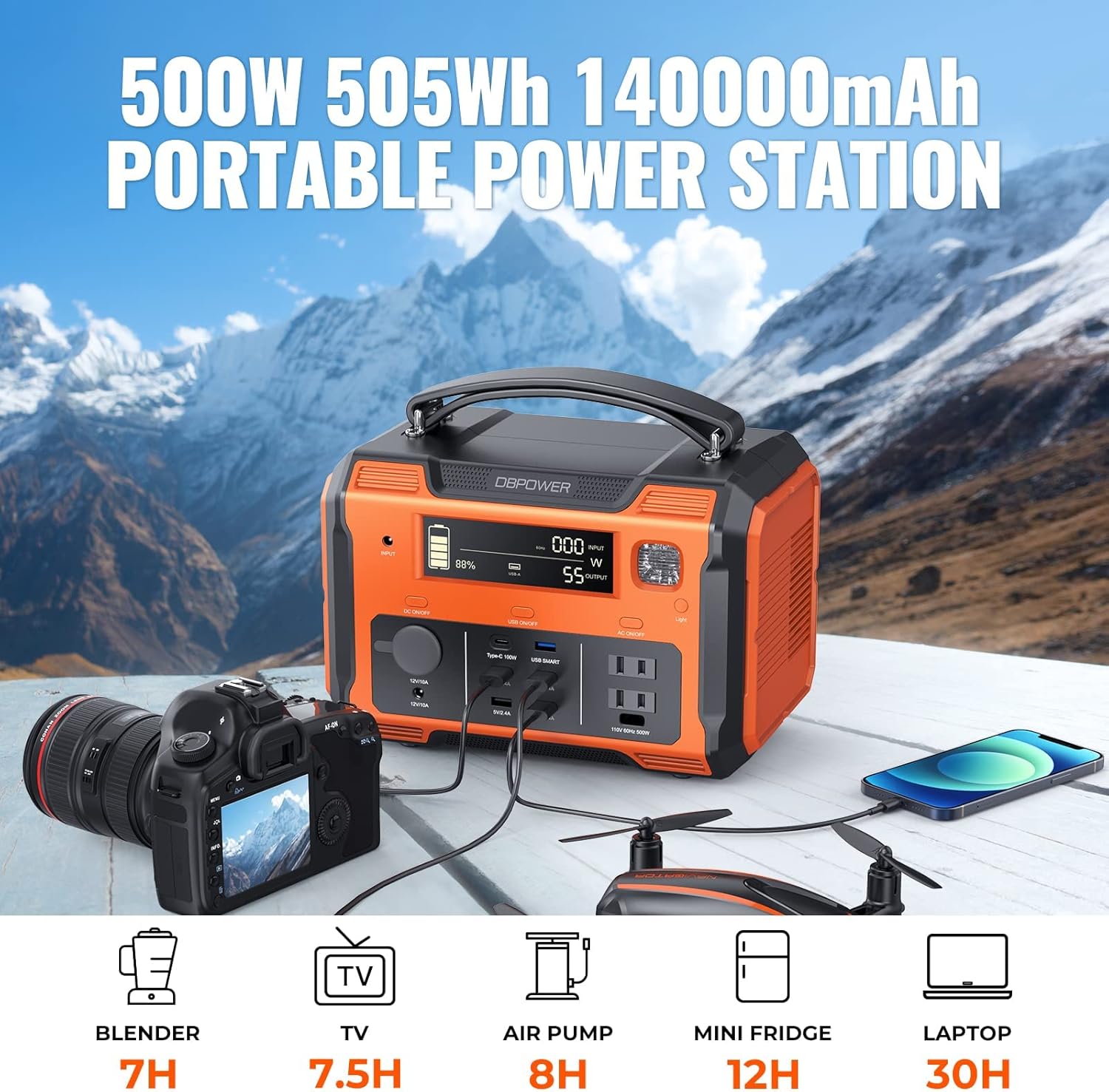 DBPOWER Portable Power Station 505Wh 500W (Peak 1000W) Outdoor Generator Mobile Lithium Battery Pack with 110V AC Outlet (Solar Panel Not Included) SOS LED for Road Trip Camping Outdoor Adventure