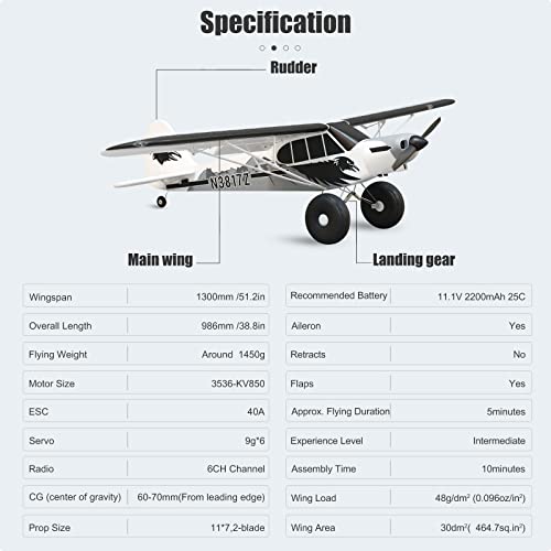 Fms Rc Airplanes for Adults Remote Control Airplane 1300MM (52") Piper PA-18 Super CUB with Reflex V3 6 Channel RTF Rc Planes for Beginners Ready to Fly (Including Transmitter,Receiver,Charger)