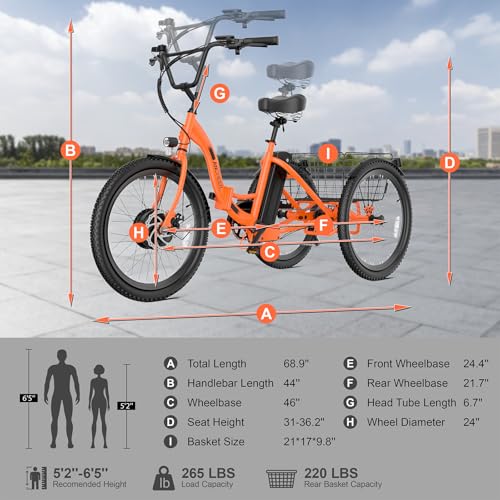 ANCHEER Electric Tricycle for Adults, 350W(Peak 550W) Etrike, 48V/499Wh Ebike, 24" Folding 3 Wheel Electric Trike, 15.5MPH & 55Miles Electric Bike, Rear Differential, Rear Basket