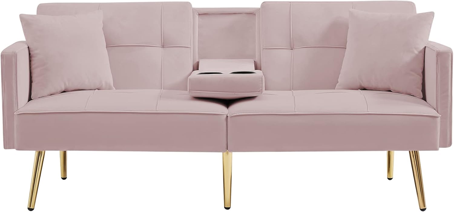 WILLIAMSPACE 69" Velvet Modern Convertible Love Seat, Futon Loveseat Sleeper Sofa Bed with 2 Cup Holders, Metal Legs for Small Living Room, Apartments - Pink