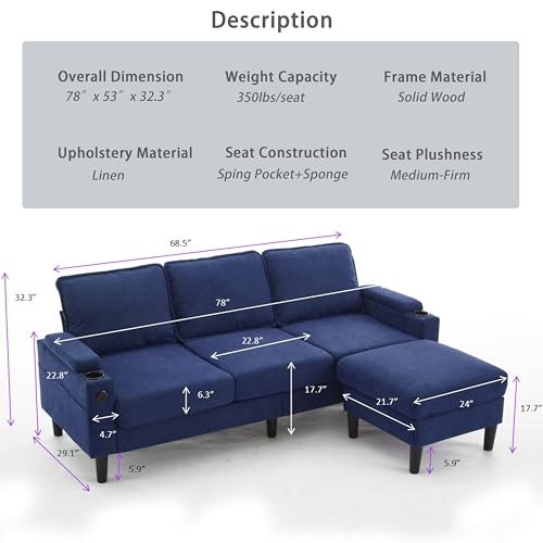 OUYESSIR L Shape Sectional Sofa Couch, 78" Linen 3 Seat Couch with Movable Storage Ottoman & USB Port, Modern Futon Small Convertible Modular Sofa Set for Living Room Office Apartment, Beige