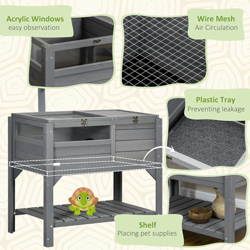 PawHut Tortoise Habitat with Shelf Storage, Tortoise Enclosure with Weather Protection, Tortoise Gift Accessory, Reptile Enclosure with Tray, Light Support Frame, Gray