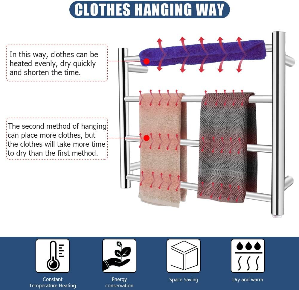 PELOEMNS Heated Towel Rack, Towel Warmer Rack Wall Mounted, Stainless Steel Wall Mounted Towel Drying Rack Round Tube, Power 80W 110V Constant Temperature 70°C Heated Towel Warmer for Home, Bathroom