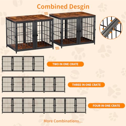 Heavy Duty Dog Crate Furniture: 84inch Wooden Dog Crates End Table Kennel with Three Doors and Removable Tray - Extra Large Puppy Indoor Training Playpen House Decorative Side Table Cage Rustic Brown