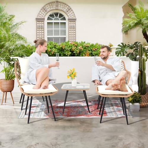 3 Pieces Patio Bistro Set, Outdoor Wicker Table and Chairs Set of 2, Rattan Balcony Furniture Set with Cushions for Front Porch Apartment Backyard Deck,Beige