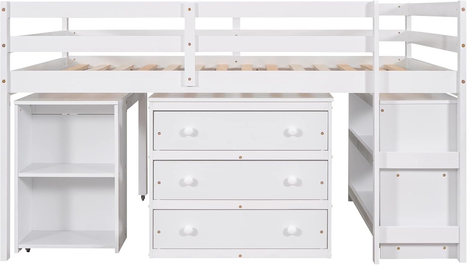 Merax Full Loft Bed, Wood Loft Bed Full Size with Desk, Low Study Full Size Loft Bed Frame with Cabinet and Shelves, Great for Kids/Teens/Boys/Girls/Adults, White