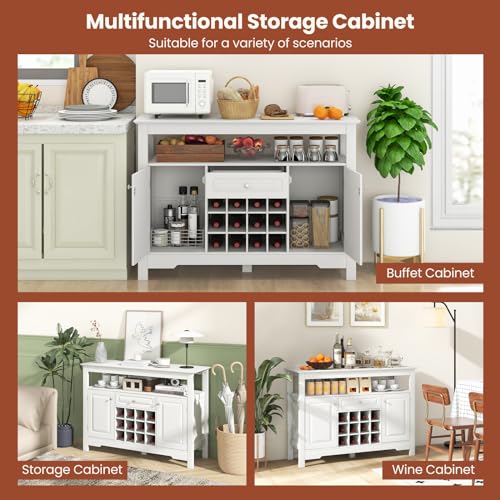 Giantex Bar Cabinet with Storage, Buffet Sideboard w/ 12-Bottle Removable Wine Rack, 2 Doors & Drawer, Multipurpose Wine Liquor Coffee Cabinet for Kitchen, Dining Room, Living Room, Entryway (White)