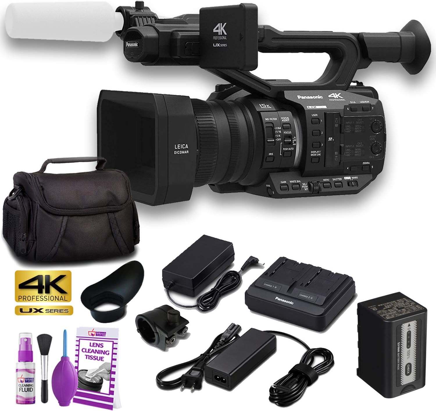 Panasonic AG-UX90E 4K-UHD FHD Camcorder (50 Hz/PAL Model) with Soft Padded Case + Cleaning Kit and More - Base Bundle