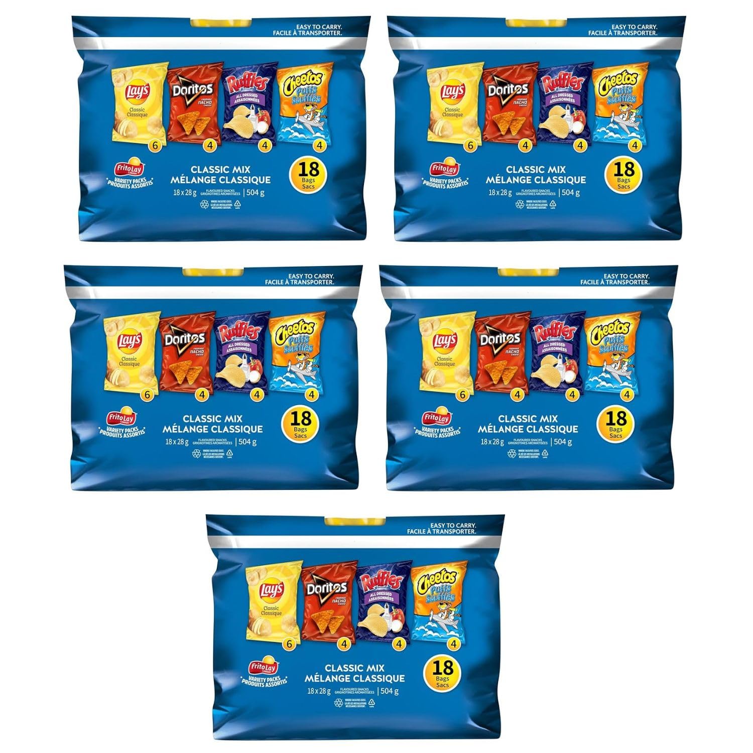 Lays Classic Variety Mini Bags Pack, Lays, Ruffles, Doritos, Cheetos Chips, Pack of 5 (18ct x 28g/1 oz.) Shipped from Canada