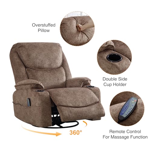 Swivel Rocker Recliner Chair, Power Reclining Chair Breathable Leather Recliner for Adults with Cup Holders and USB Port, Oversized Glider Rocking Recliner for Living Room, Dark Brown