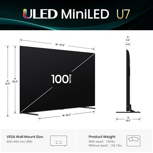 Hisense 85" Class U7 Mini-LED ULED 4K UHD Google Smart TV (85U75QG, 2025 Model) - QLED, Native 165Hz, VRR 288, Up to 3000 Nits, HDR10+, Dolby Vision IQ · Atmos, IMAX Enhanced, 2.1.2 Ch Surround