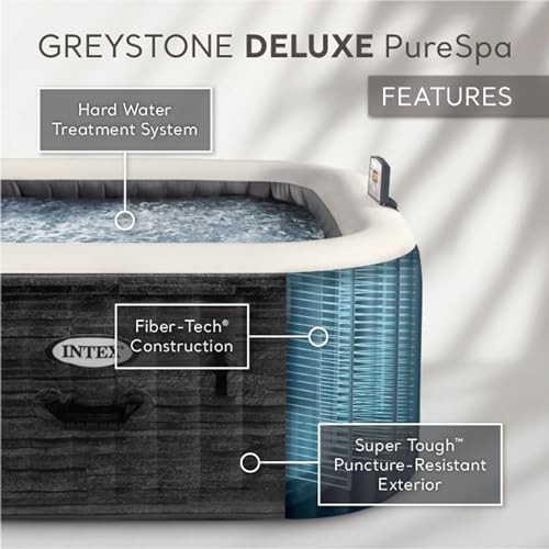 INTEX 28451EP PureSpa Greystone Deluxe Spa Set: Includes Energy Efficient Spa Cover and Wireless Control Panel – Spa Control App – Built-in FastFill Inflation System – 6 Person Capacity – 77" x 28"