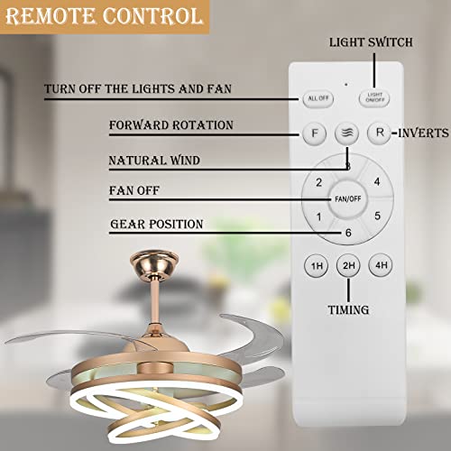42" Invisible Ceiling Fan Chandelier Light,Modern DIY Ceiling Fan Light Remote Control 4 Retractable ABS Blades for Bedroom Living Dining Room Decoration (42", Gold)