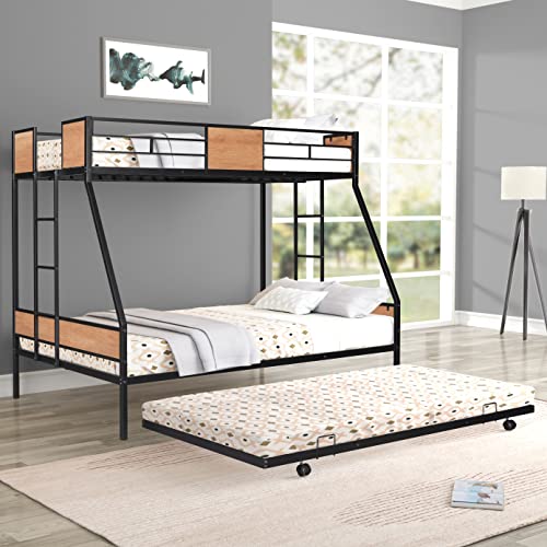 Twin Over Full Bunk with Trundle Metal Bunk Bed Frame with Slat and Guardrail, Black