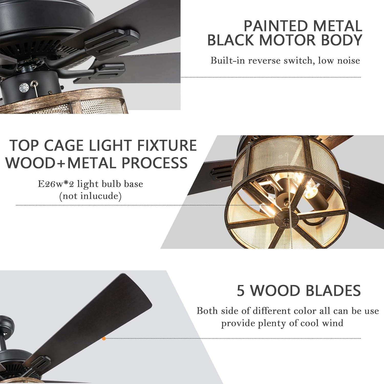 52”Farmhouse Ceiling Fan with Lights Remote Control, Caged Ceiling Fan with 5 Reverse Blades, Quiet Motor, 3 Speed Rustic Ceiling Fans for Living Room,Bedroom,Matte Black