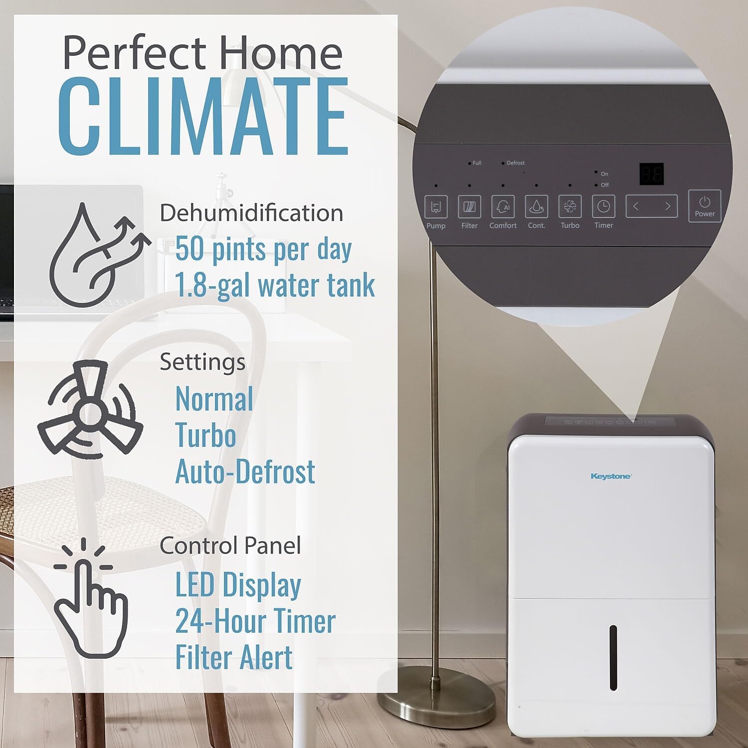 Keystone Energy Star 50-Pint Portable Dehumidifier for Basement, Garage, Living Room, and Extra Large Rooms up to 4,500 Sq.Ft., Quiet Dehumidifier for Home with Auto-Shutoff, Timer, and LED Display