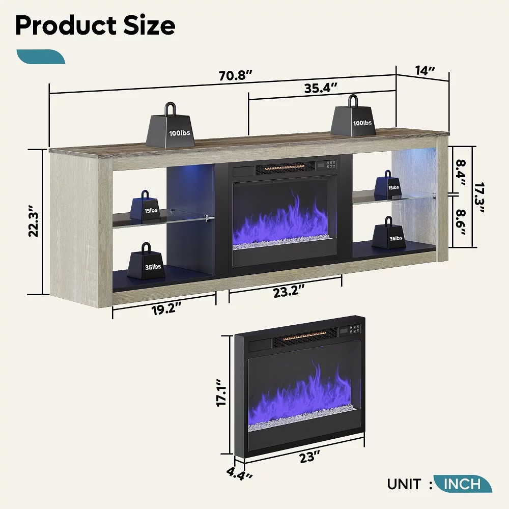 Bestier Modern Electric Fireplace TV Stand for TVs up to 75" with LED Light in Wash White+Grey