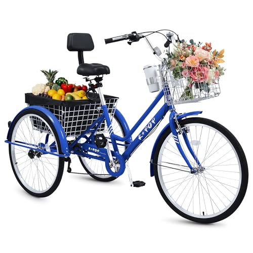 26 Inch Tricycle for Adults, 7 Speed Beach Cruiser Bike Adult Tricycles for Women Men, 3 Wheel Bikes for Adults Large Seat with Backrest, Three Wheel Bikes with Front & Rear Baskets