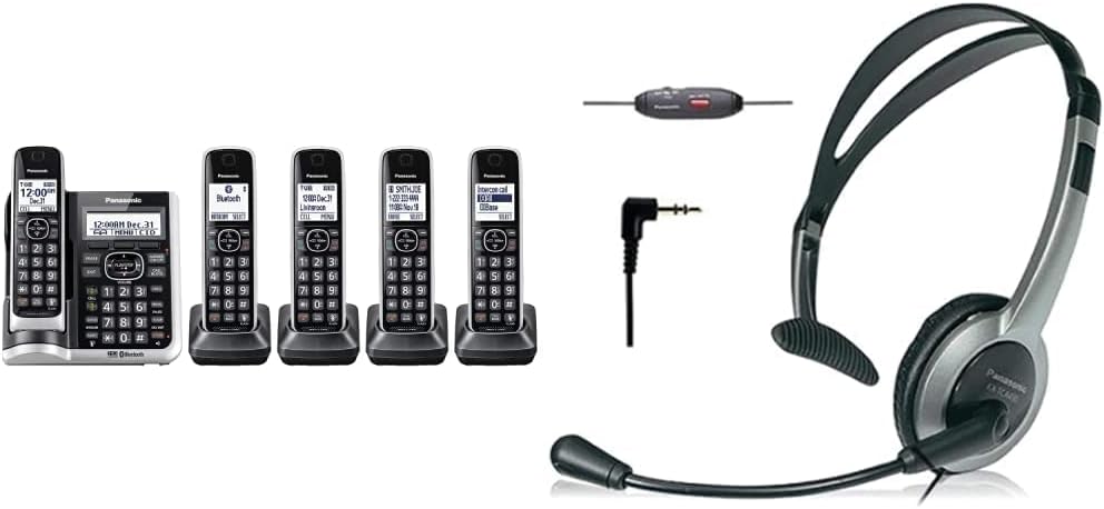 Panasonic Link2Cell Bluetooth Cordless Phone System with Voice Assistant, Call Block and Answering Machine, Expandable Home Phone with 5 Handsets – KX-TGF575S (Black with Silver Trim)