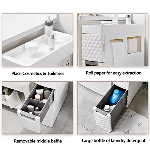 Small Bathroom Storage Cabinet with Moveable Drawers Slim Storage Tower with Wheels Drawer Cart Storage Tower Furniture Narrow Storage Drawer Cart Unit for Bedroom Hallway Closet Office Organization