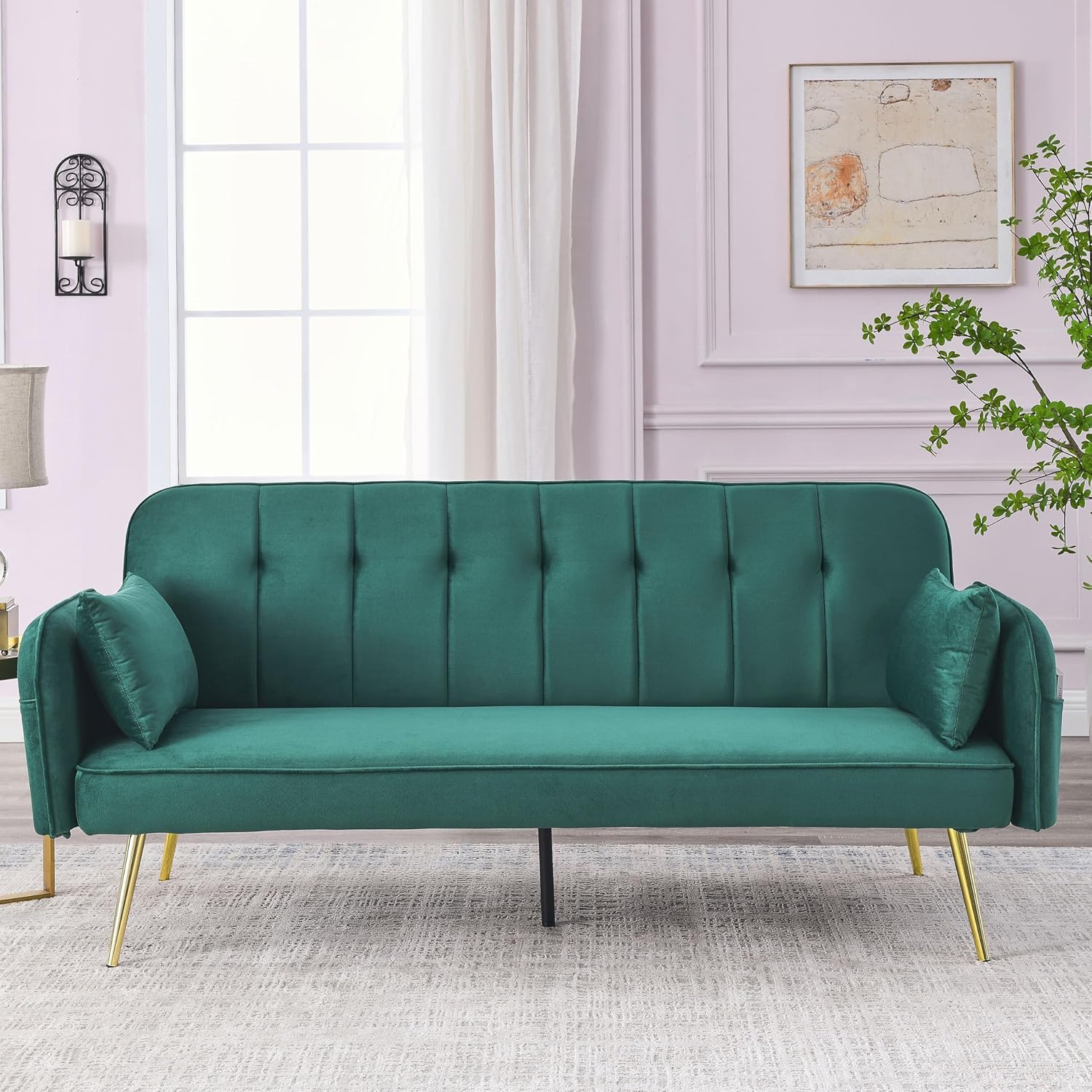 Convertible Futon Sofa Bed, 72.5" Velvet Reversible Couch with Adjustable Backrest, Two Pillows & Side Storage Pockets, Folding Sleeper Recliner Daybed for Living Room Furniture, Green