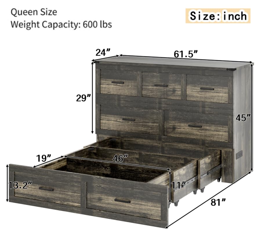 Bellemave Queen Murphy Bed, Cabinet Bed with Charging Station and Storage, Farmhouse Murphy Cabinet with Foldable Panel, Noisy Free, for Guest Bedroom, Living Room, Office, Rustic Gray