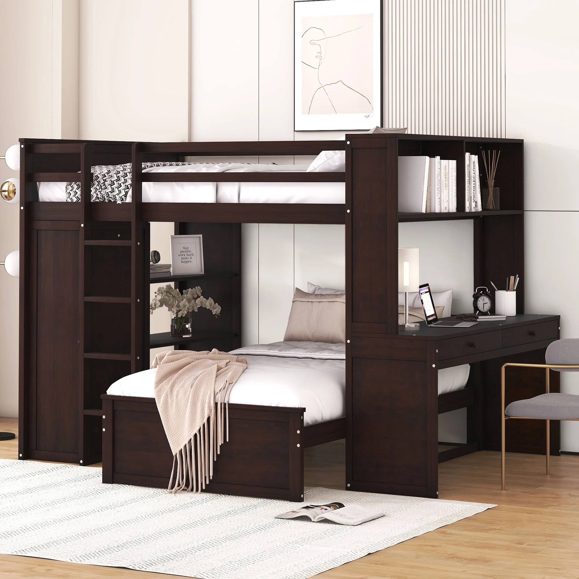 Twin Over Twin Bunk Bed with Storage, Solid Wood Bunk Bed with Shelves, Desk and Wardrobe, Twin Size Loft Bed with a Stand-Alone Bed for Kids Teens Adults (Espresso)