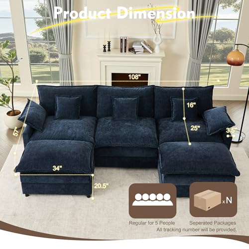 108" U Shaped Couch, Modular Sectional Sofa, 3-Seater Comfy Cloud Couch with Movable Ottoman, Deep Seat Couches for Living Room, Chenille, Black