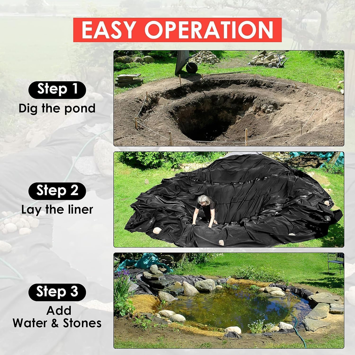 15x20 ft Pond Liner, 20 Mil Thickness, Pliable & Durable LLDEP Material, Easy Cutting & UV Resistant, for Fish or Koi, Features, Waterfall Base, Fountains and Water Gardens