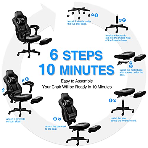 ELECWISH Computer Gaming Chair with Footrest, Ergonomic Gamer Chair for Adults, High Back Adjustable Swivel Desk Chair with Lumbar Support, PU Leather Racing Style Chair, White