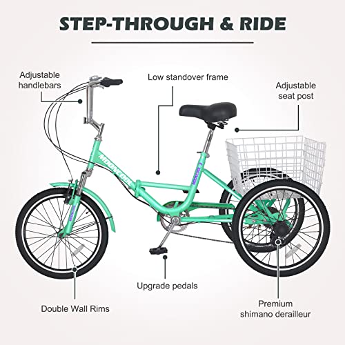Adult Folding Tricycles Folding Bikes, 7 Speed 20/24/26 Inch 3 Wheel Adult Trikes Cruiser Bike with Large Basket, Foldable Tricycle for Adults, Women, Men, Seniors