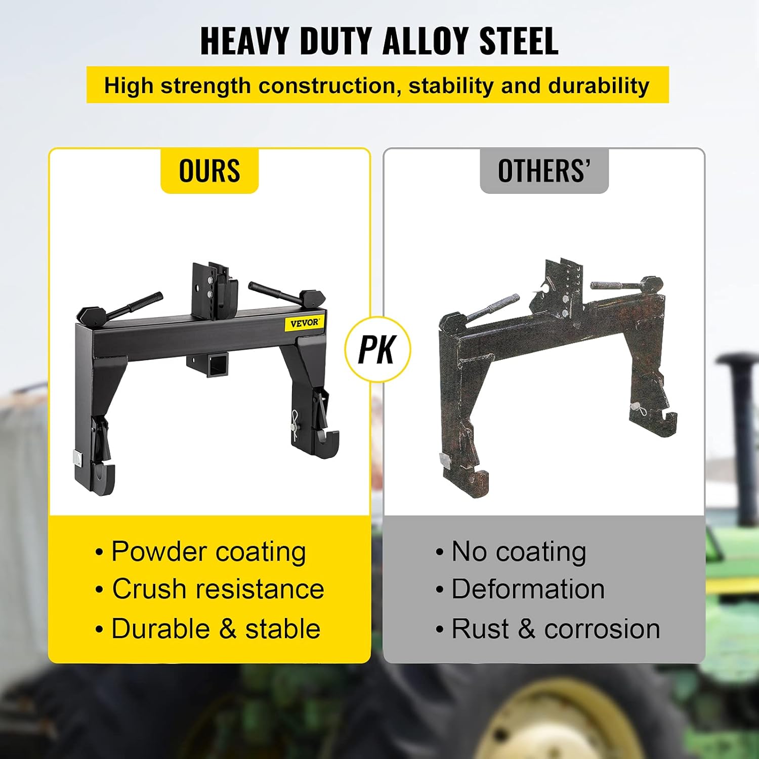VEVOR 3-Point Quick Hitch, 3000 LBS Lifting Capacity Tractor Quick Hitch, 26.6" Between Lower Arms Attachments Quick Hitch, No welding & 5 level Adjustable bolt, Adaptation to Category 1 & 2 Tractors