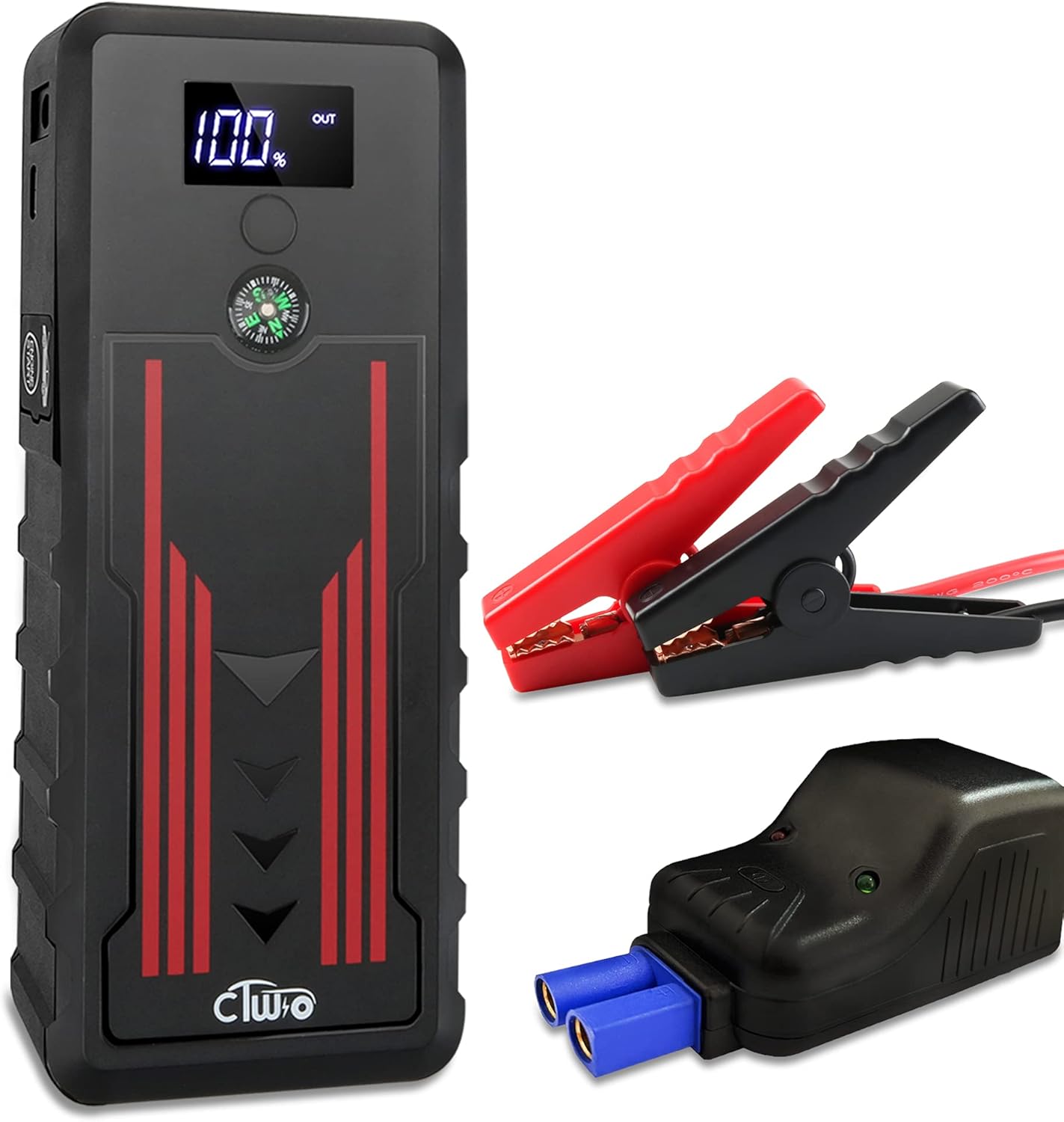 Battery Jump Starter for Car, CTWJO 12V 600A 15000mAh Portable Jump Starter Booster with USB-C Smart Port, Compass, LCD Screen, LED Light, Travel Case