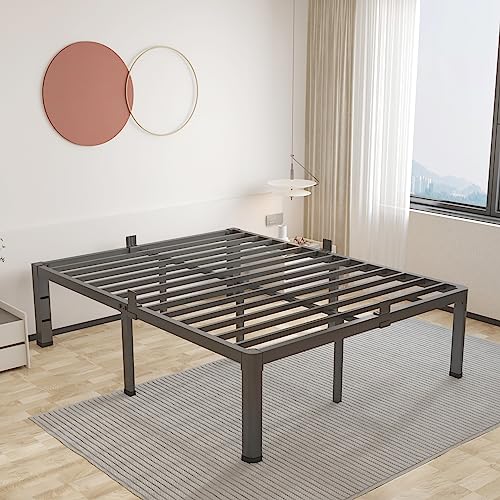 ROIL 12 inch California King Size Bed Frame Metal Platform No Box Spring Needed with Headboard Hole Round Corner Legs Mattress Retainers 3500LBS Heavy Duty Steel Slats Noise-Free Storage