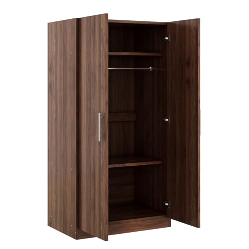 Full Size 2-Doors Wardrobe, Wooden Armoire Closet with 3-Shelves and Hanging Rail for Bedroom, Laundry Room, (Brown, One Size)