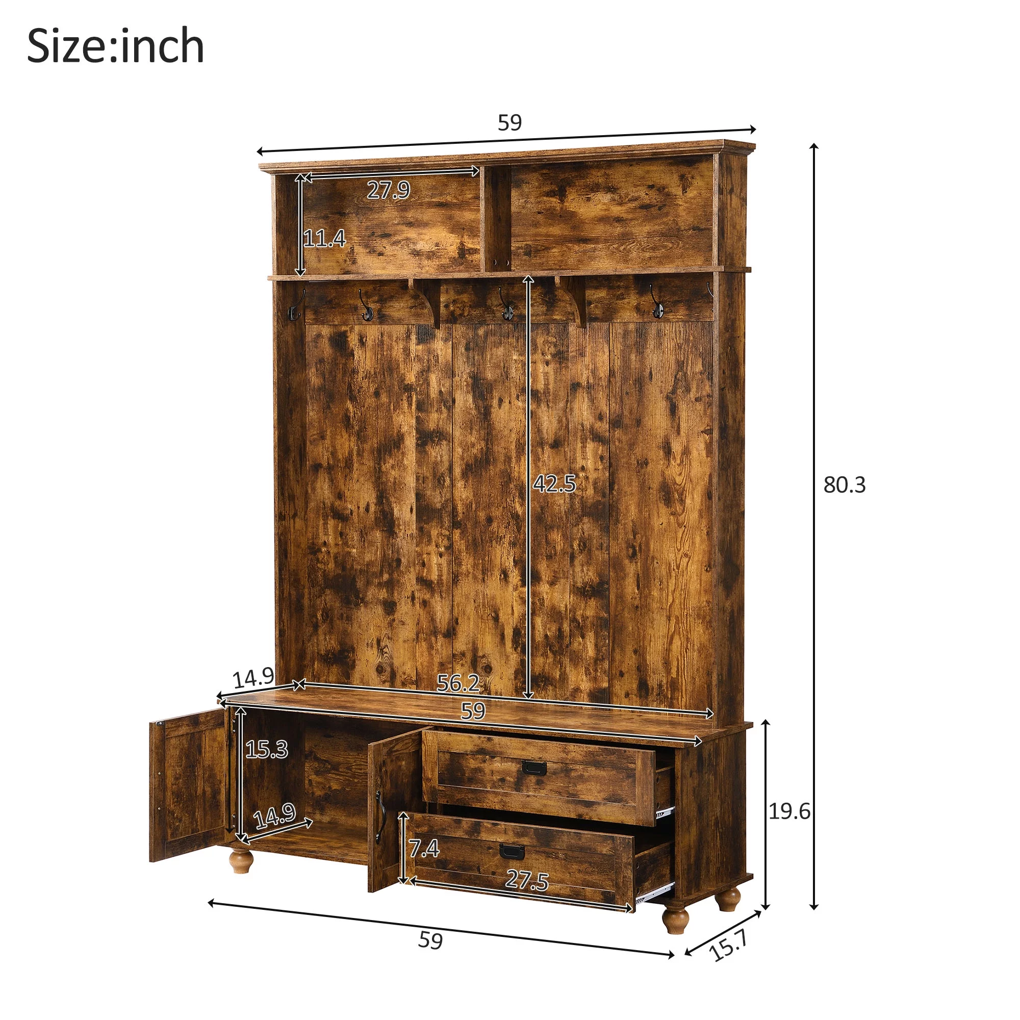 Modern Style Hall Tree with Storage Cabinet and 2 Large Drawers, Widen Mudroom Bench with 5 Coat Hooks, Rustic Brown