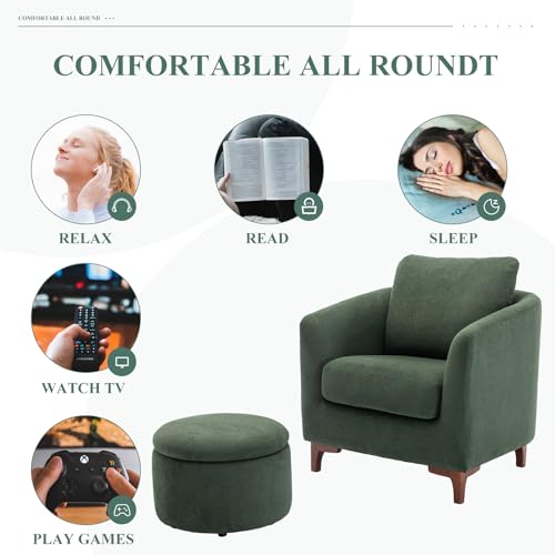 COLAMY Velvet Accent Chair with Storage Ottoman Set of 2, Upholstered Barrel Arm Chair with Footrest, Modern Living Room Chair with Back Pillow, Camel