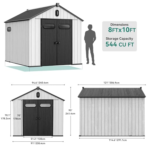 YITAHOME 8x6.2FT Outdoor Storage Shed w/o Floor, All-Weather Plastic Shed with Lockable Doors, Window & Vents, Plastic Tool Shed for Backyard, Patio, Poolside, Lawn, Gray