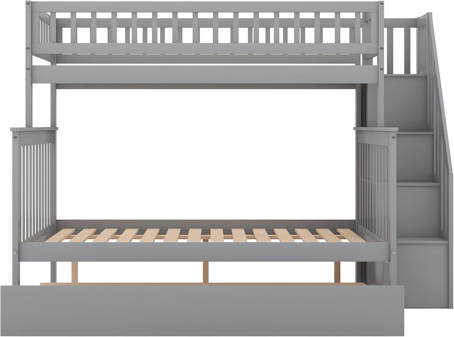 Bunk Beds with Trundle, Wood Space Saving Design Stairway Twin Over Full Bunk Bed Frame with Storage, Convertible to 2 Separated Beds, No Box Spring Needed, Gray