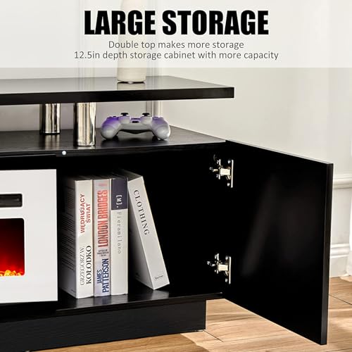 AMERLIFE Fireplace TV Stand with 40" Fireplace, 80" Modern High Gloss Fireplace Entertainment Center LED Lights, 2 Tier TV Console Cabinet for TVs Up to 90", Black & White