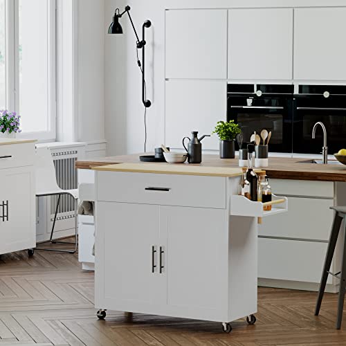 IRONCK Rolling Kitchen Island Table on Wheels with Drop Leaf, Storage Cabinet, Drawer, Spice/Towel Rack, Kitchen Cart, 47.25" Wide Black