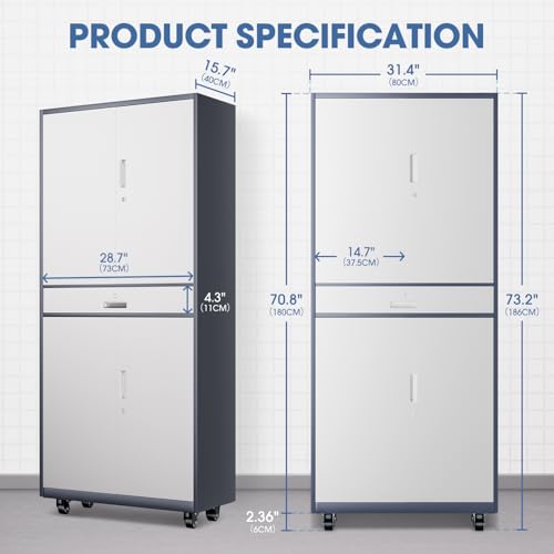 DNA MOTORING 71'' Metal Storage Cabinet, Locking Tool Cabinet with 1 Drawer and Adjustable Shelves, Lockable Heavy Duty Metal Locker for Garage,Office,Home,Gym, Gray, TOOLS-00629-GY-GY-A