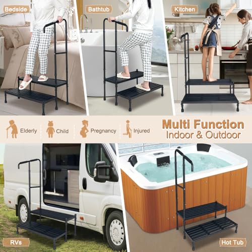 Bed Step Stool with Handle Medical Bedside Stairs for High Beds Adults Stepping Stool Assist Rail Adjustable Wide Platform Step for Elderly Seniors Handicap Mobility Two Step Stool Ramp