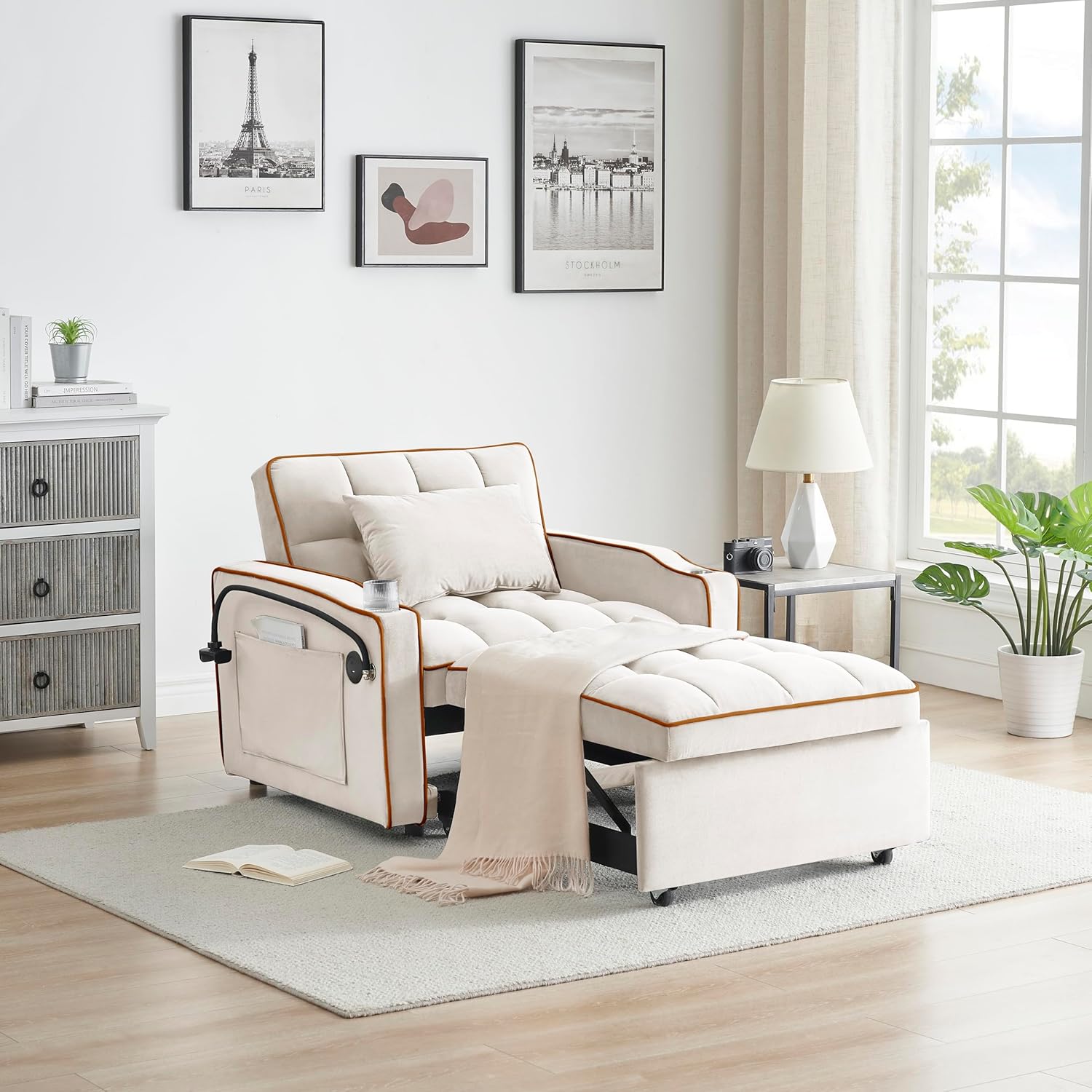 35" Twin Size Pull Out Sofa Bed Chair -3 in 1 Convertible Sleeper Chair Bed, Velvet Reading Armchair, Futon Recliner, Foldable Chaise Lounge Sofa with Pullout Bed, Small Couch for Living Room
